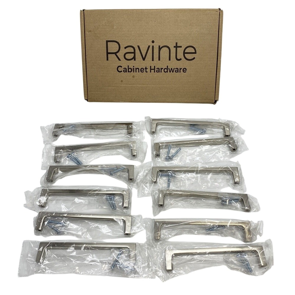 Lot of 12 Ravinte 5 Inch Center Brushed Nickel Square Cabinet Drawer Door Handle